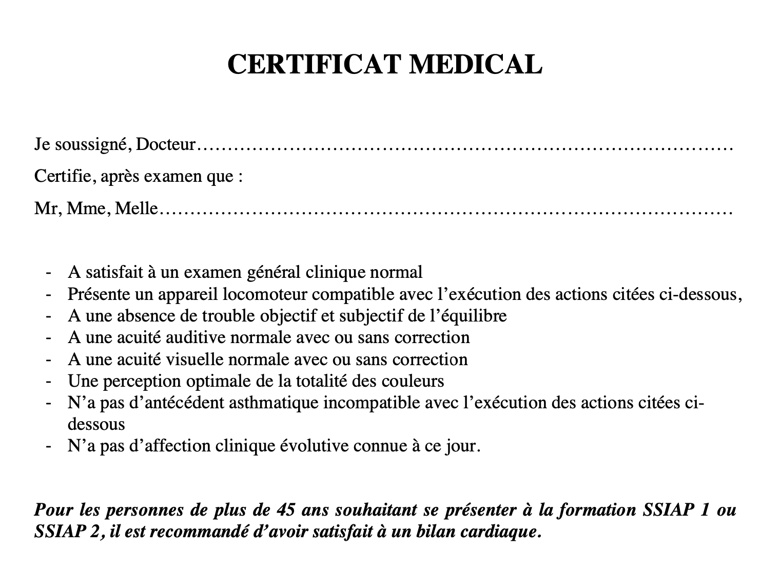 Exemple certificat médical SSIAP - Sécurité Premium Formation