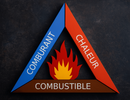Schéma du triangle du feu illustrant les trois éléments indispensables à un incendie : combustible, comburant et chaleur.
