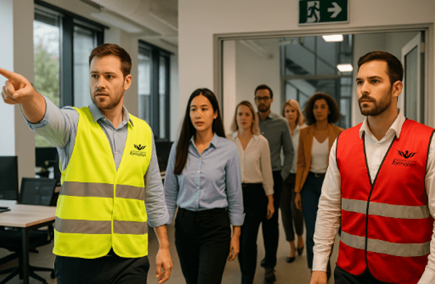 Formation guide-file et serre-file : collaborateurs dirigent et sécurisent l’évacuation incendie avec vérification des locaux et assistance aux personnes.