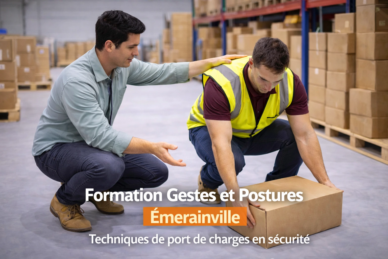 Techniques de port de charges en sécurité à Émerainville (77) – démonstration réalisée par un formateur lors d’une formation Gestes et Postures.