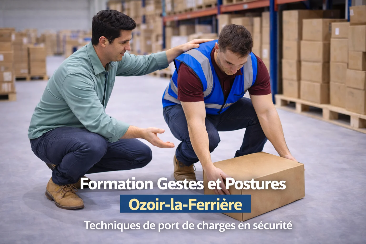 Formateur Gestes et Postures intervenant à Ozoir-la-Ferrière pour démontrer les méthodes de manutention limitant les sollicitations du dos.