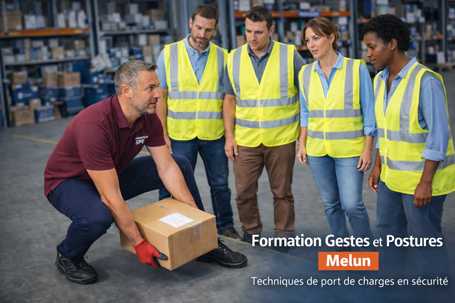 À Melun, le formateur amène les participants à repenser la manière de soulever et déplacer des charges afin de limiter les sollicitations corporelles.