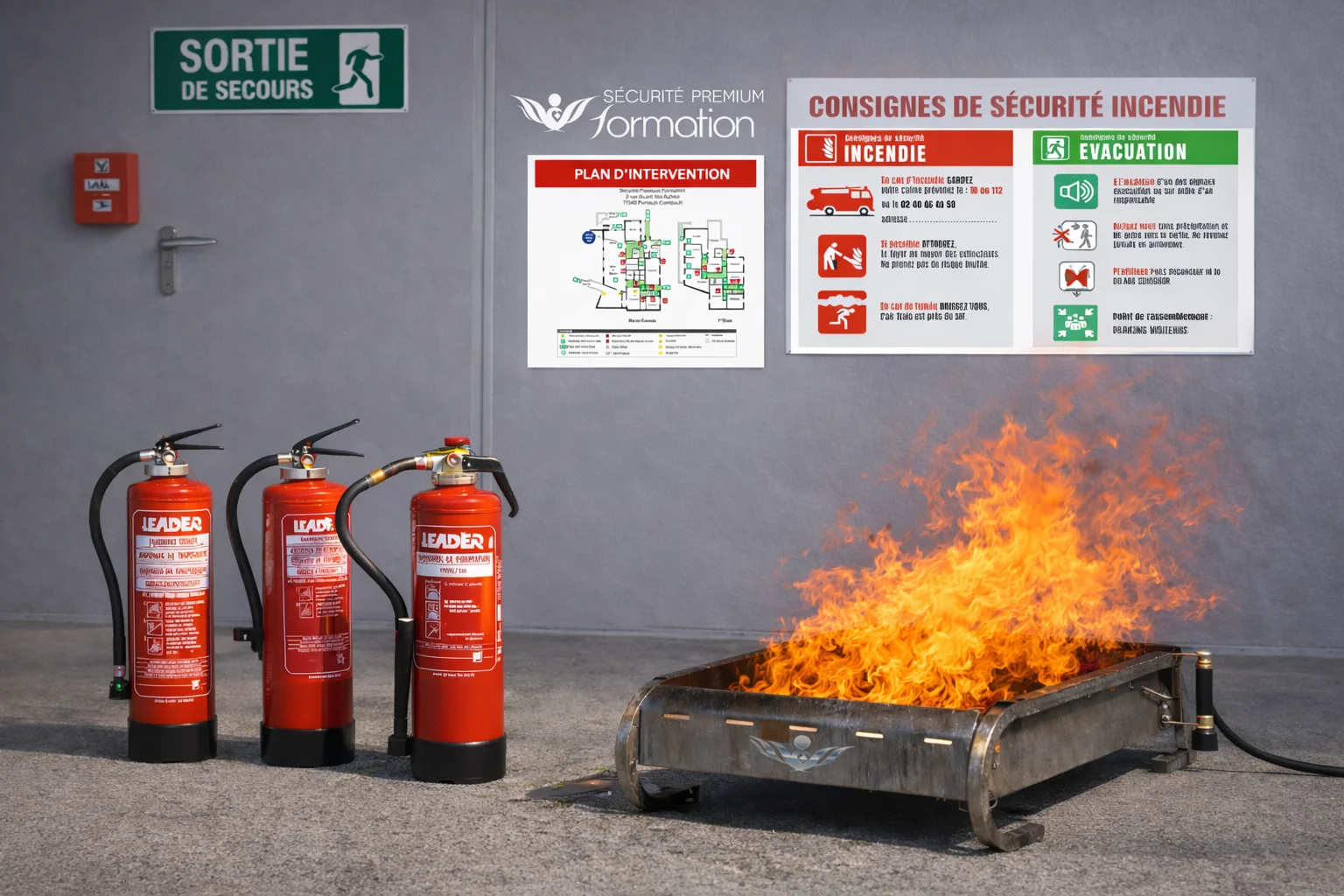 Dispositif pédagogique incendie à Nemours – bac à feu contrôlé et extincteurs adaptés aux différents environnements professionnels.