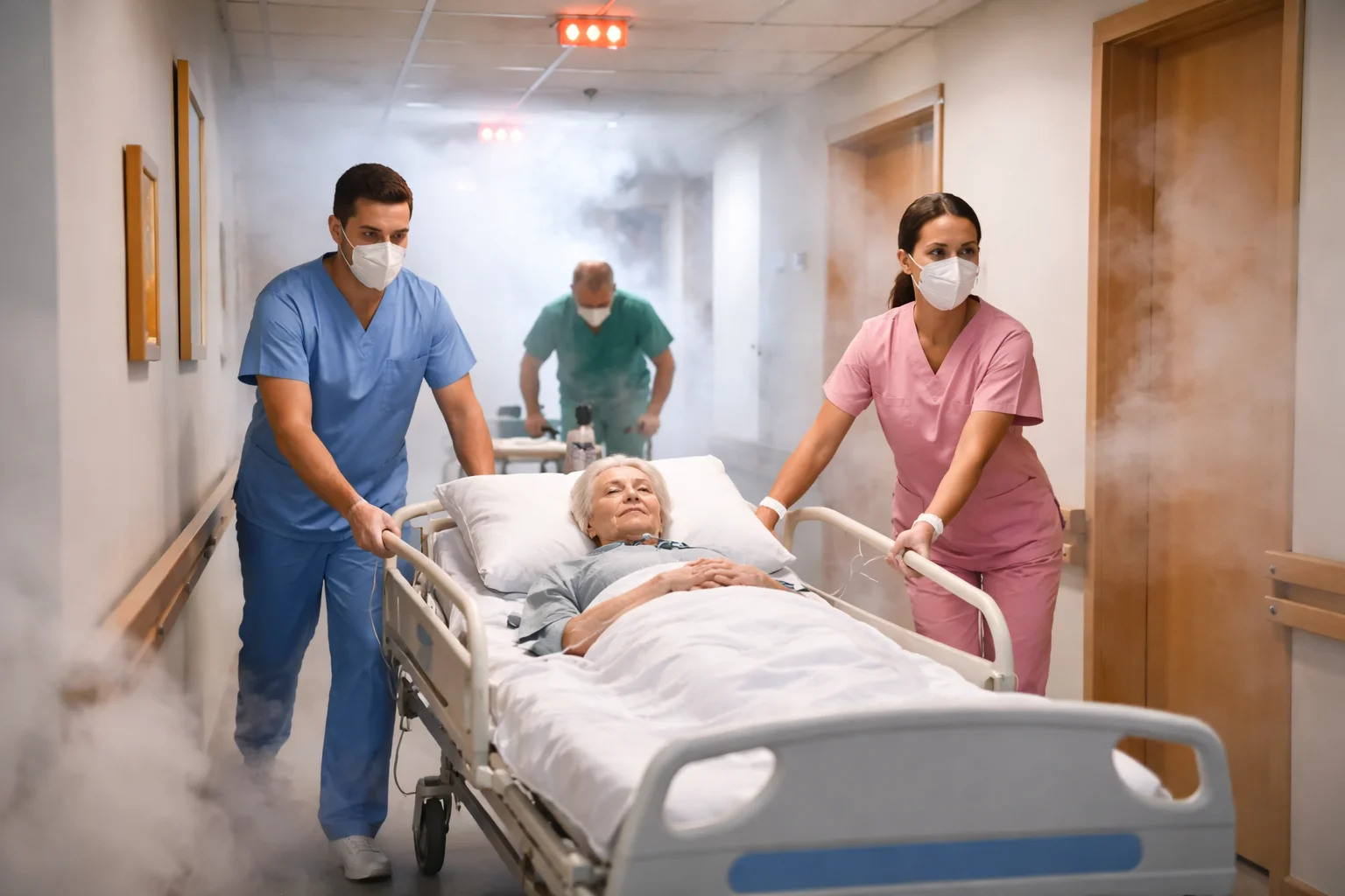 Transfert horizontal d’un résident alité en EHPAD vers un compartiment sécurisé lors d’un exercice incendie