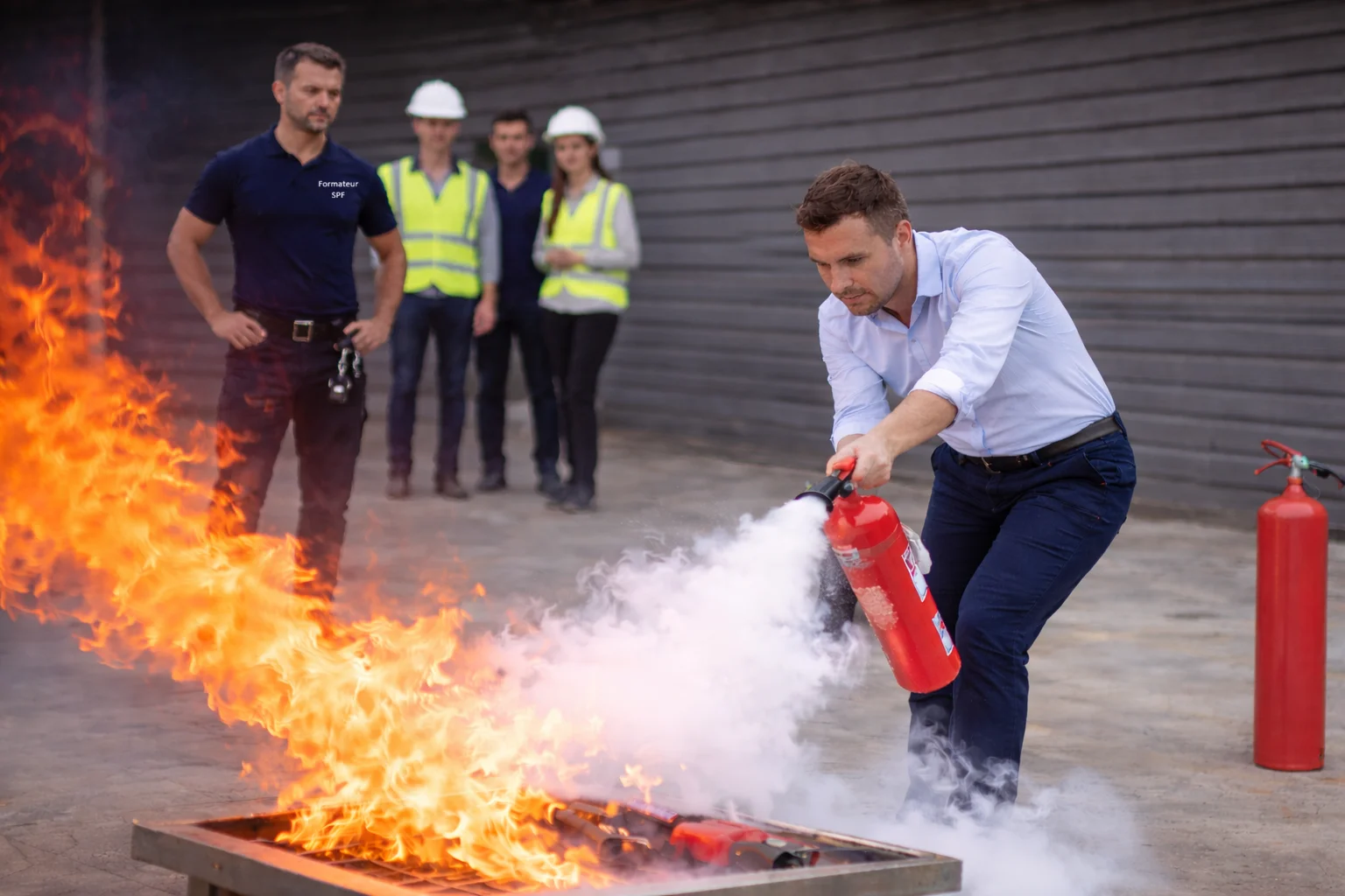 Formation manipulation des extincteurs sur générateur de flammes pédagogique en entrepris