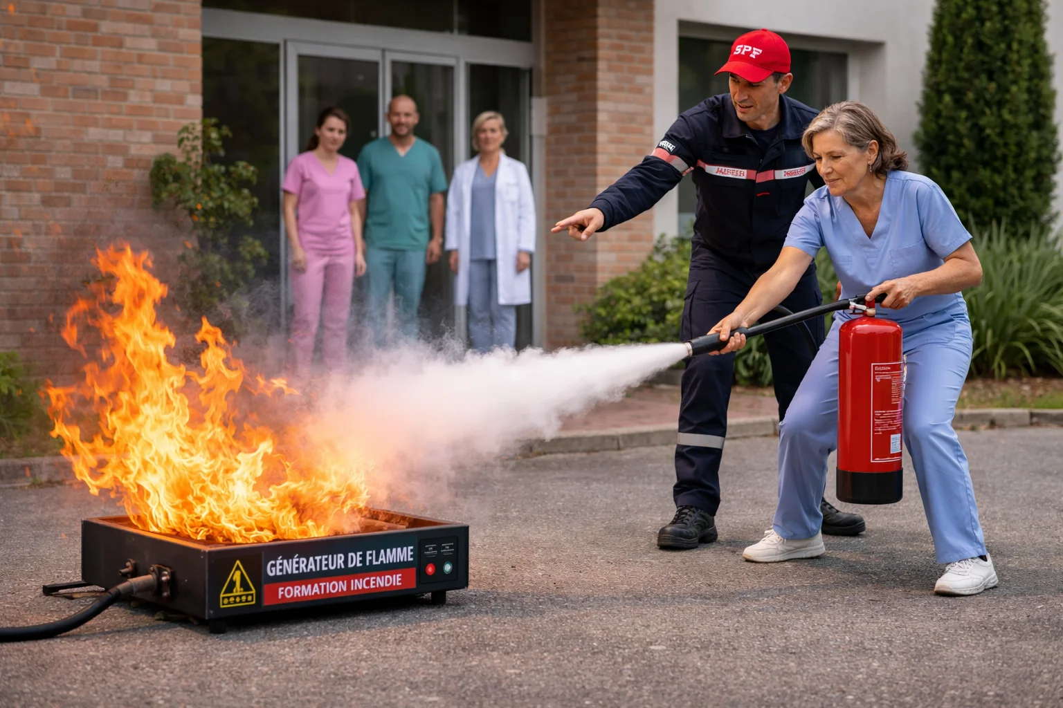 Personnel d’EHPAD s’entraînant à l’utilisation d’un extincteur sur feu réel simulé en extérieur avec générateur de flamme
