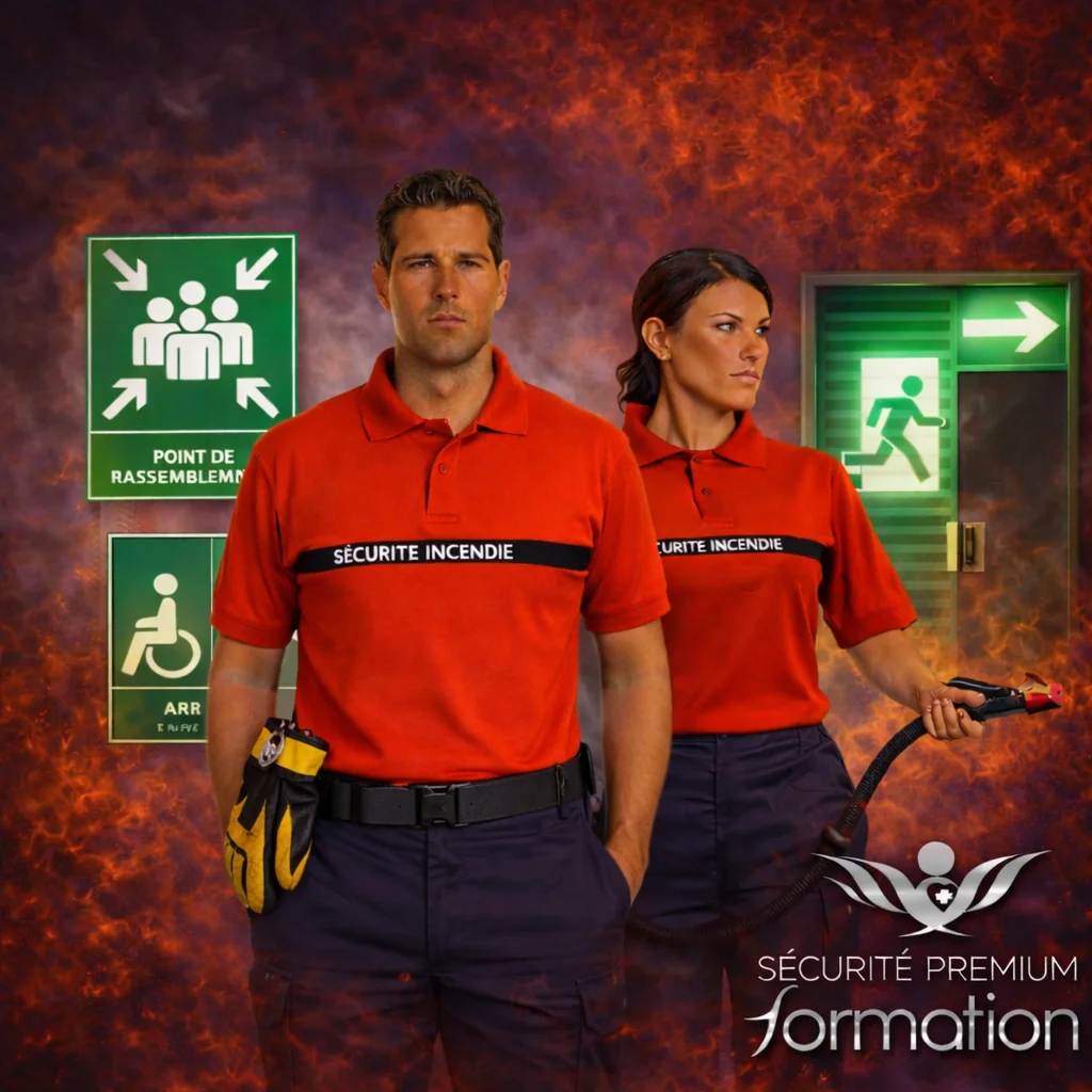 Équipe de sécurité incendie encadrée par un chef de service SSIAP 3 devant signalétique évacuation ERP