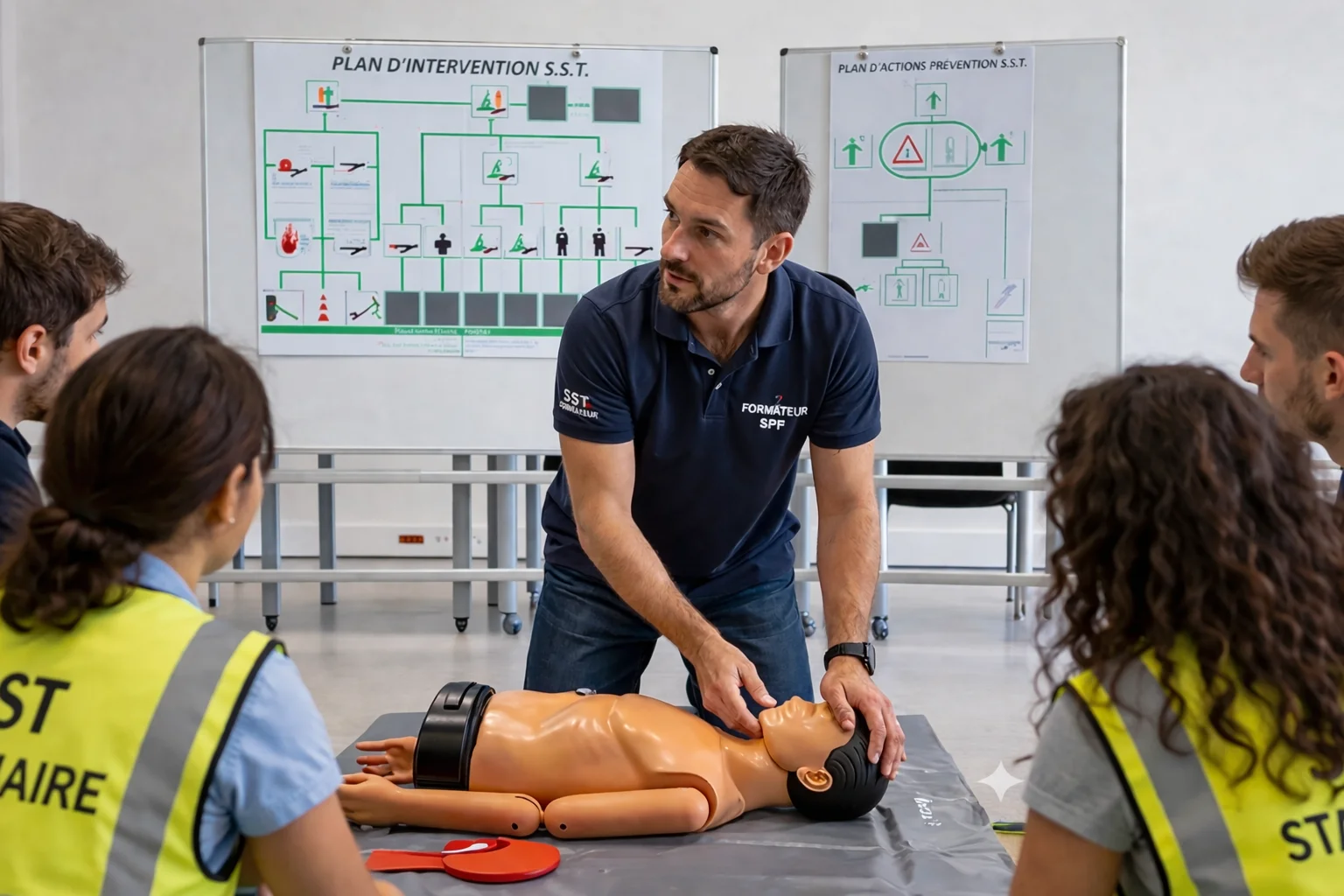 Formation MAC SST en entreprise — démonstration des gestes de secours sur mannequin avec formateur et stagiaires