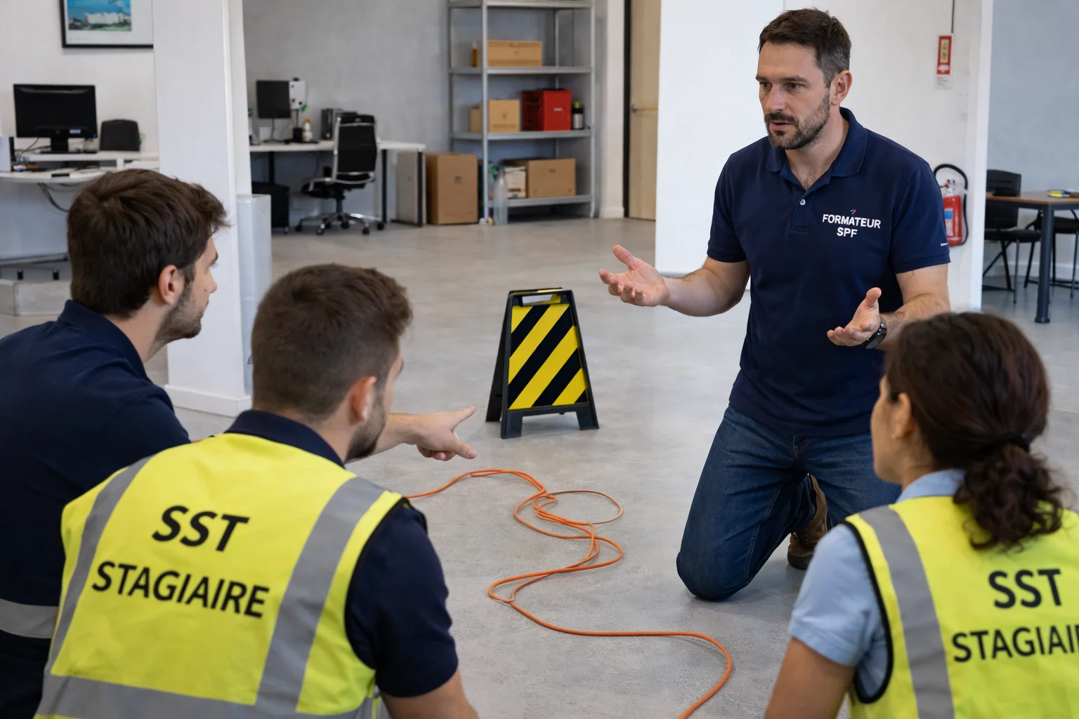 Formation MAC SST en entreprise — identification d’un danger au sol avec câble pouvant provoquer une chute