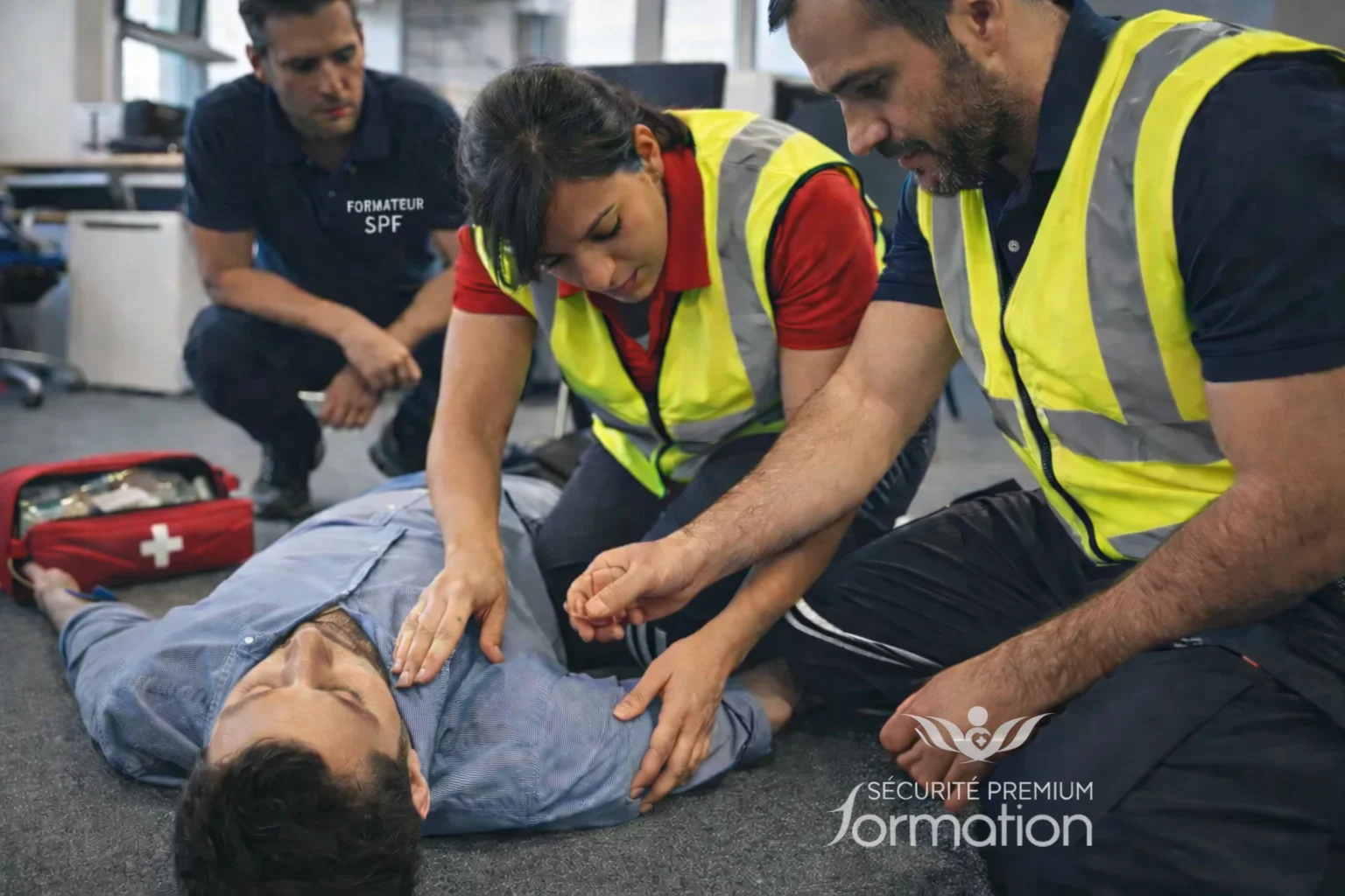 Formation MAC SST en entreprise — intervention des secouristes sur une victime inconsciente avec gestes de premiers secours