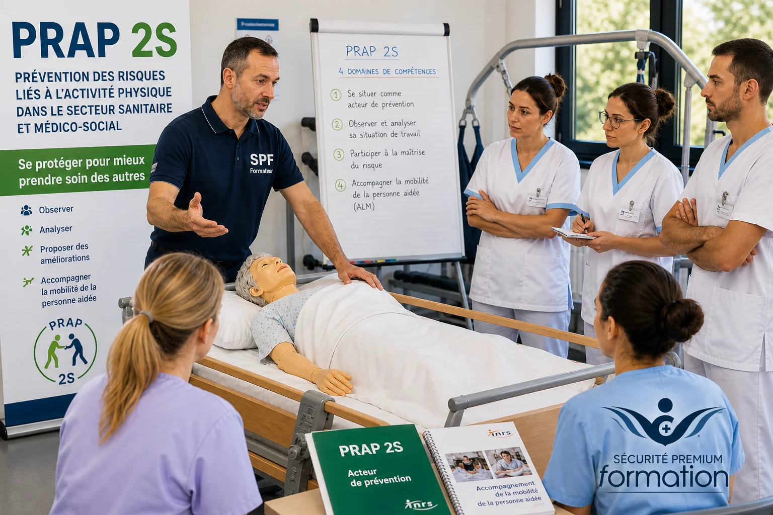 Formation PRAP 2S avec formateur SPF et soignants – démonstration de mobilisation d’un patient en milieu médical