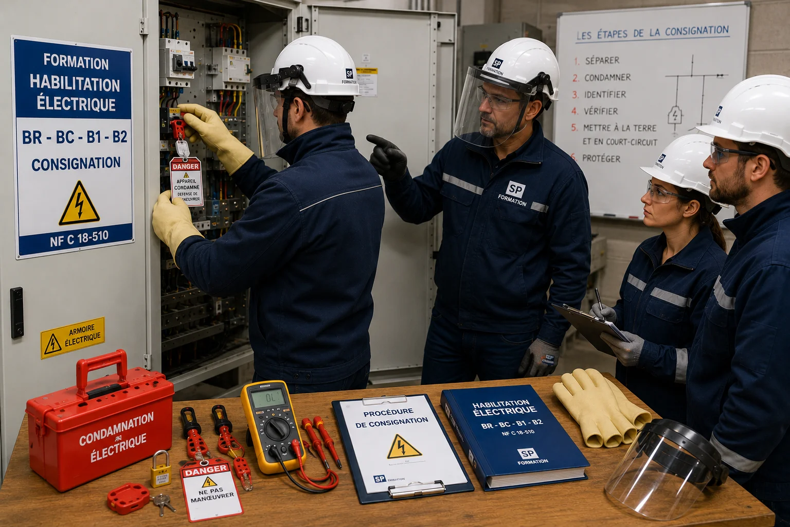Technicien réalisant une manœuvre électrique en sécurité lors d'une formation habilitation BE Manœuvre BS