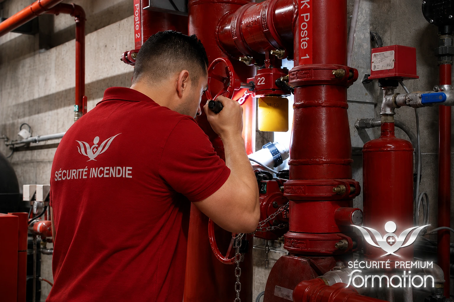 Agent SSIAP 1 contrôlant un réseau sprinkler, formation depuis Émerainville