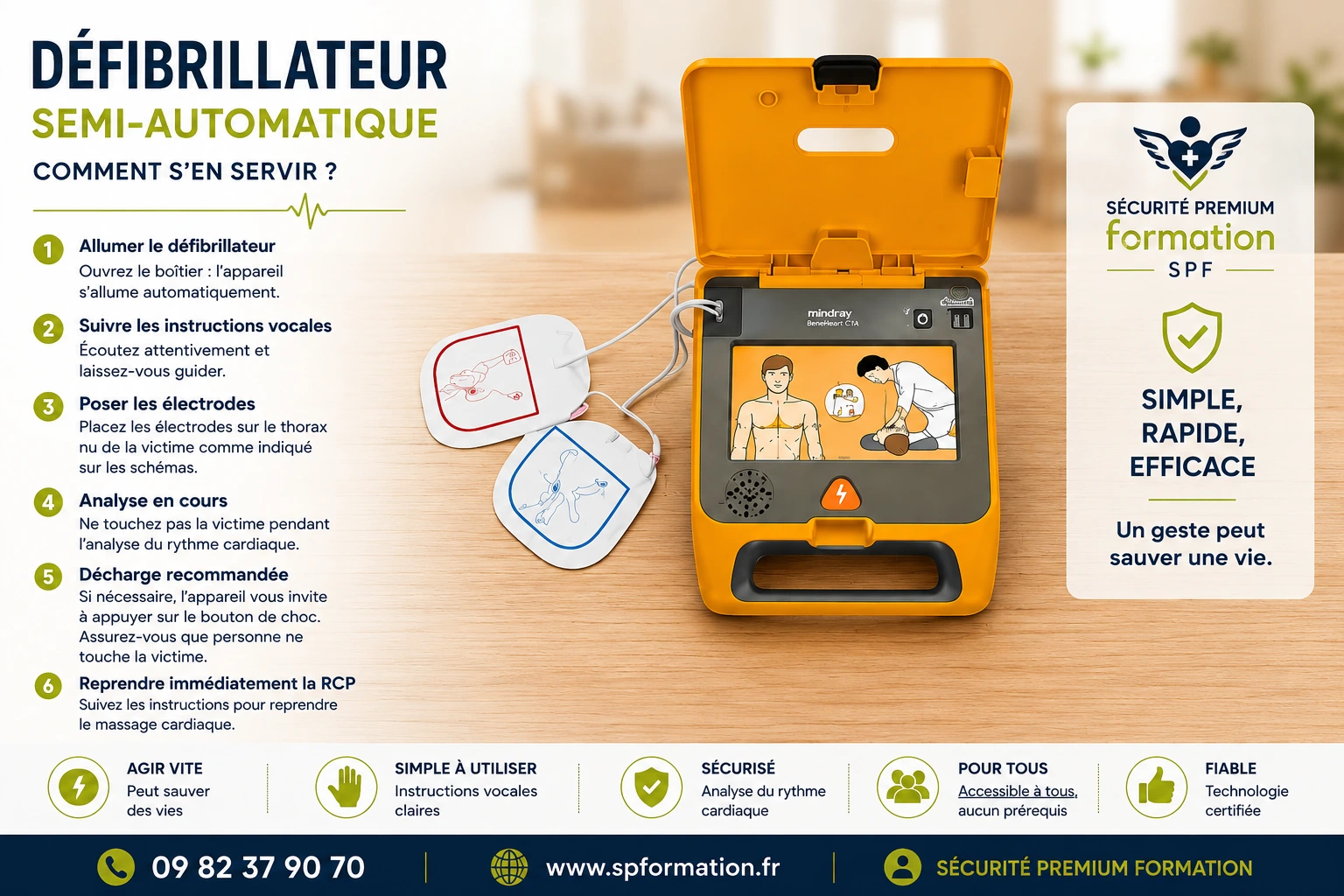 Défibrillateur semi-automatique DSA, bouton de choc à actionner par l'utilisateur
