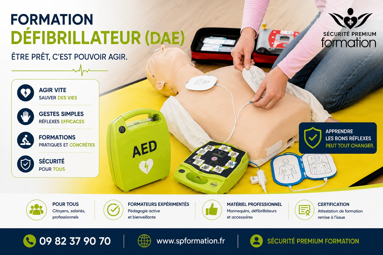 Formation DAE en entreprise, salariés apprenant à utiliser un défibrillateur