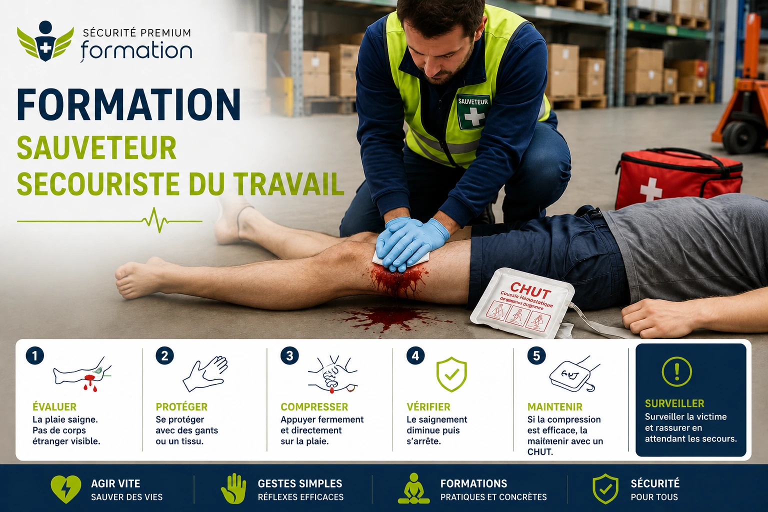 Compression d'une hémorragie lors d'une formation de sauveteur secouriste du travail à Châlette-sur-Loing
