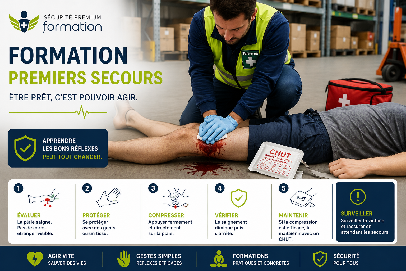 Formation premiers secours en Centre-Val de Loire avec exercice de compression d'une hémorragie et utilisation d'un CHUT dans l'environnement de travail