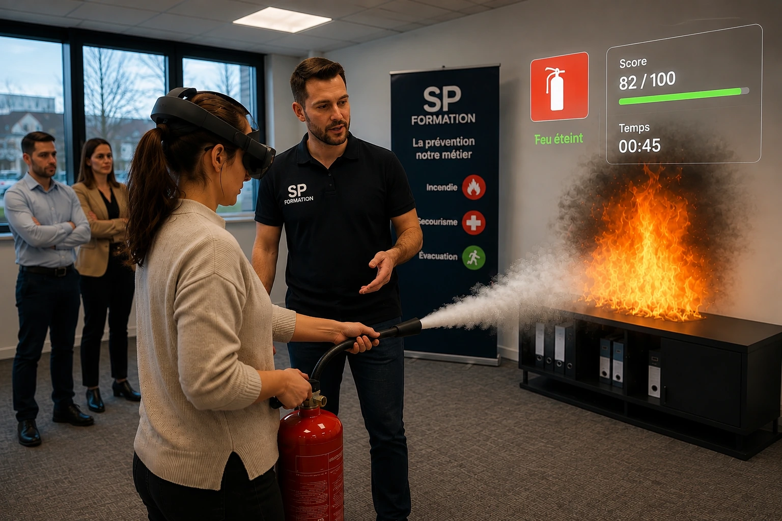 Formation incendie en réalité augmentée, manipulation d'un extincteur connecté