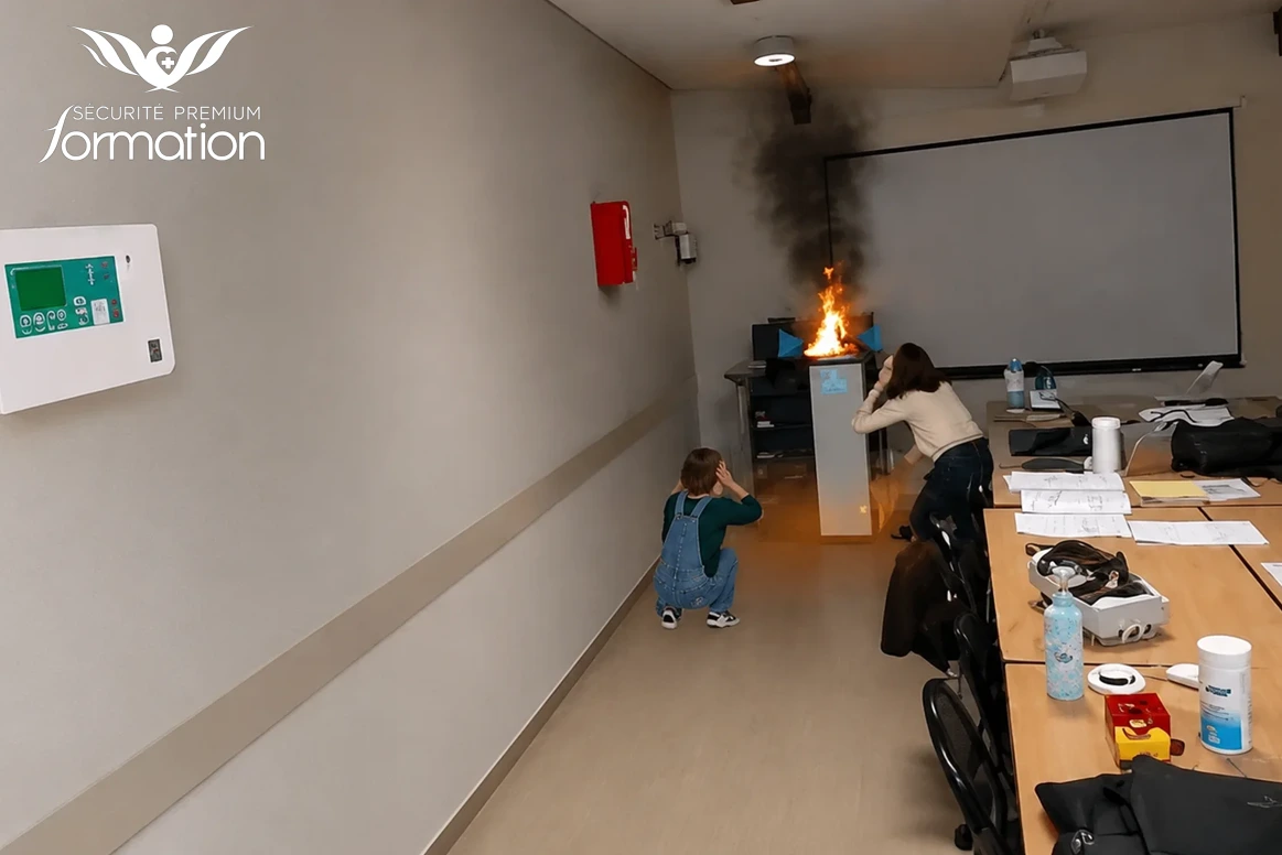Simulation incendie lors d'une formation immersive avec simulateur incendie
